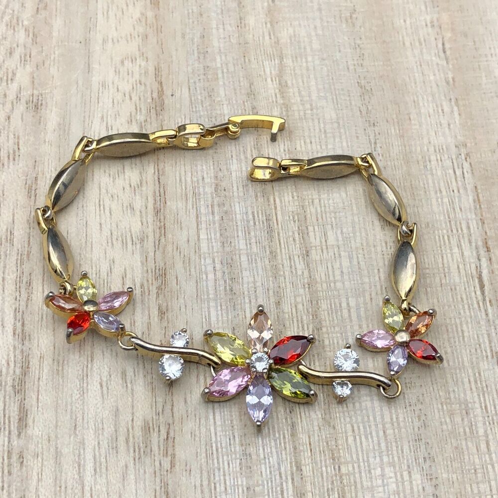 Multi Color Crystal Bracelet 6.5 inch Rhinestone Flower Link Leaf Vine Gold Tone - Picture 7 of 10